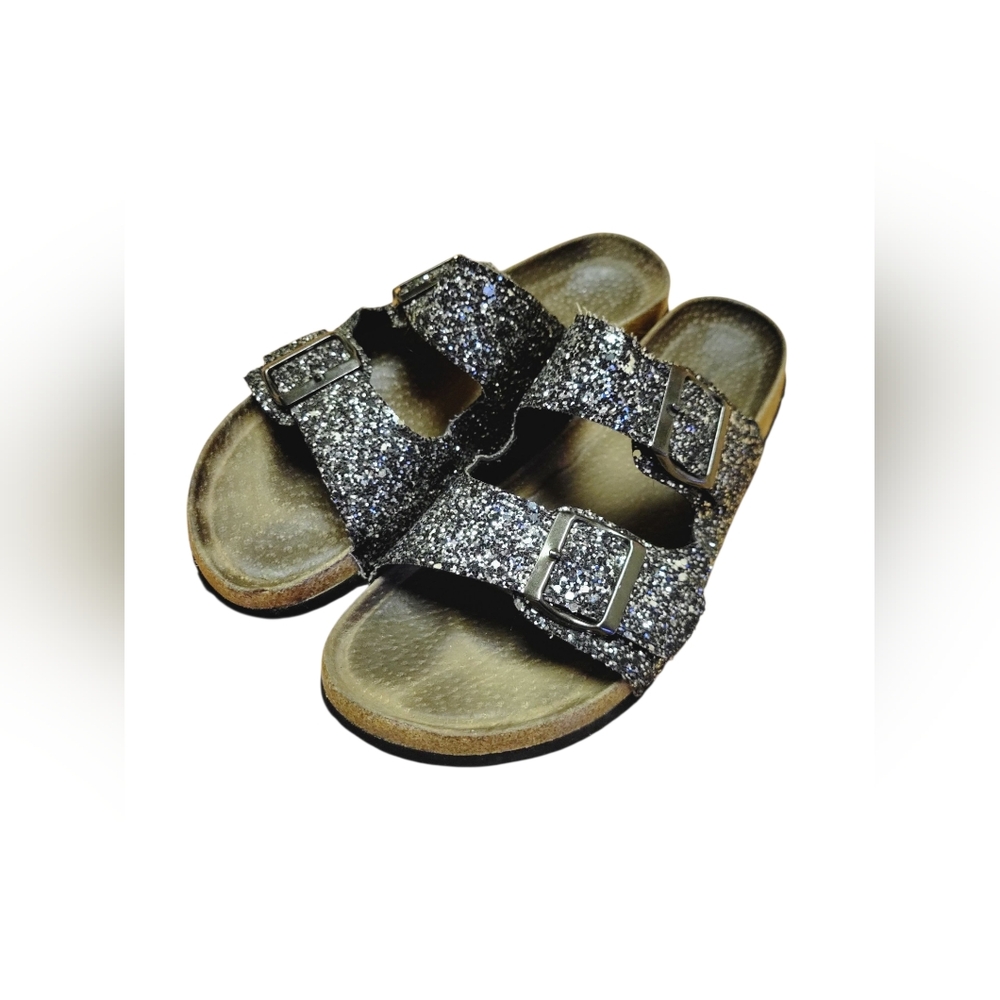 Women's Black Glitter Adjustable Buckle Slide Cork Slide On Sandals, Sz 8-8.5